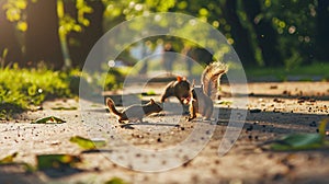 A squirrel and its cubs are running along a path in the park. Silhouettes of people