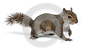 A squirrel, likely a Sciurus carolinensis (Eastern Gray Squirrel), stands on a white