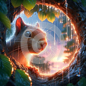 Squirrel is looking out of a hole in a tree