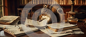 The squirrel meticulously sorting through paperwork