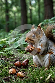 Squirrel Enjoying a Nut in a Forest Setting, Beautiful Portrait