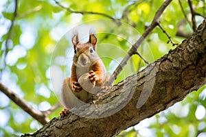 squirrel munching on an acorn in a tree