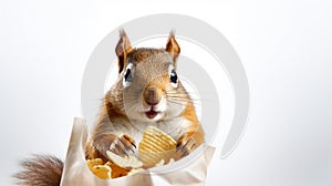 a squirrel munching on a bag of potato chips against a white background.