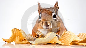 a squirrel munching on a bag of potato chips against a white background.