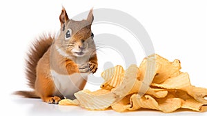 a squirrel munching on a bag of potato chips against a white background.