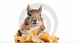 a squirrel munching on a bag of potato chips against a white background.
