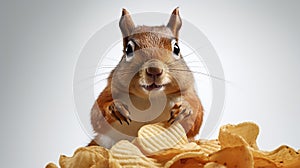 a squirrel munching on a bag of potato chips against a white background.