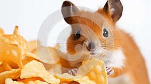 a squirrel munching on a bag of potato chips against a white background.