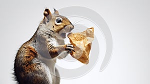 a squirrel munching on a bag of potato chips against a white background.