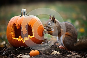 a squirrel munching on a pumpkin in a field