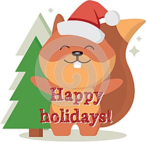 Squirrel near the Christmas tree. Vector graphics