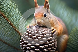squirrel nibbling on a pine cone in a tree