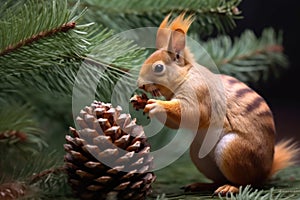 squirrel nibbling on a pine cone in tree
