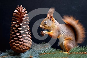 squirrel nibbling on a pine cone in tree