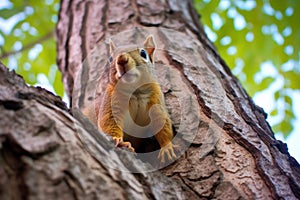 squirrel nibbling on walnut in tree