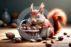 squirrel with nuts in a basket photo