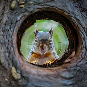 Squirrel peeks from tree hole, curious woodland creature photo