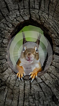 Squirrel peeks from tree hole, curious woodland creature photo