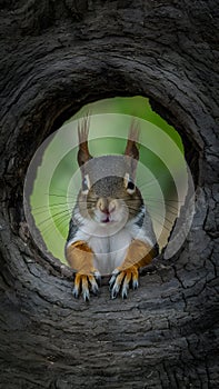 Squirrel peeks from tree hole, curious woodland creature photo