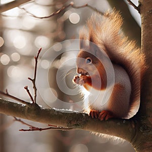 Squirrel Perched on Snowy Branch Eating a Nut