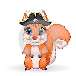 Squirrel pirate, cartoon character of the game, wild animal in a bandana and a cocked hat with a skull, with an eye