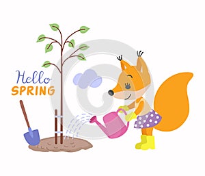 Squirrel planting tree in spring vector illustration