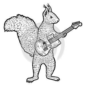 Squirrel plays the electric guitar. Engraving vector illustration. photo