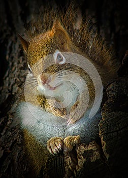 Squirrel portrait close up on the tree