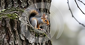 curious squirrel in the tree trunk with blurred background