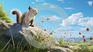 Squirrel Resting On Rock: Terragen Concept Art With Cartoonish Innocence