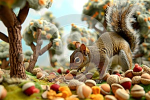 squirrel scavenging through faux acorns and plush trees