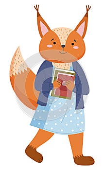 A squirrel schoolgirl with stack of books is standing at full heigth, animal student character photo