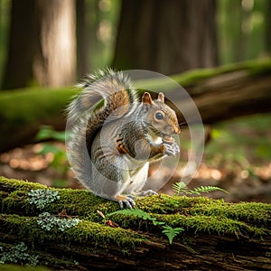 Squirrel (Sciurus carolinensis) is perched on a moss-covered log