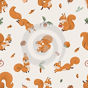 Squirrel seamless pattern. Cute forest squirrels, cartoon funny wild characters. Vintage style childish fabric print