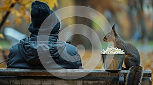 A squirrel sits on a bench next to a man. The man has his back turned to the figure. There is a bucket of popcorn next