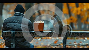 A squirrel sits on a bench next to a man. The man has his back turned to the figure. There is a bucket of popcorn next