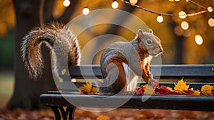 Adorable Red Squirrel on a Park Bench during Autumn
