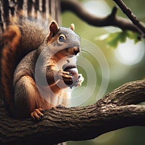 Squirrel sits on branch preparing acorns for hibernation