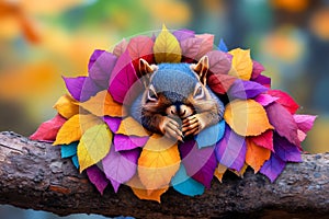 A squirrel is sitting on a branch covered in colorful leaves