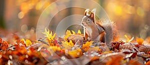 Squirrel Sitting on Pile of Leaves