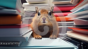 A squirrel sitting on top of a pile of books and papers, AI