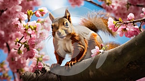 Squirrel is sitting on tree branch in front of pink flowers. Generative AI