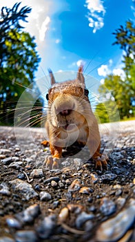 A squirrel is standing on the ground looking at the camera