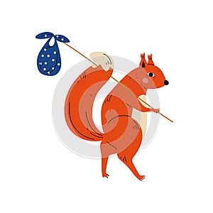 Squirrel Travelling with Bundle on Stick, Animal Character Having Hiking Adventure Travel or Camping Trip Vector