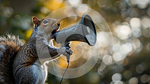 Squirrel using a megaphone to make a public announcement in the heart of the forest