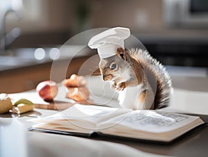 A squirrel wearing a chef's hat sitting next to an open book. AI generative image.