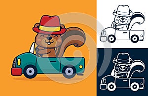 Squirrel wearing hat while driving car. Vector cartoon illustration in flat icon style