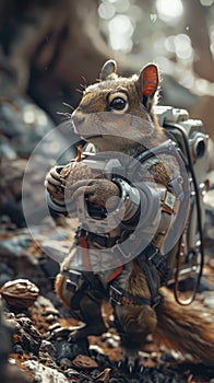 A squirrel wearing a spacesuit is holding a walnut in its hands