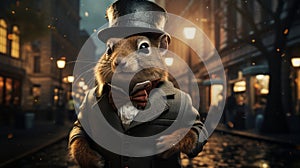 A squirrel wearing a suit and hat in old city in night