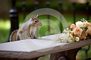 a squirrel at a wedding with flowers came to congratulate the bride and groom. A wedding ceremony